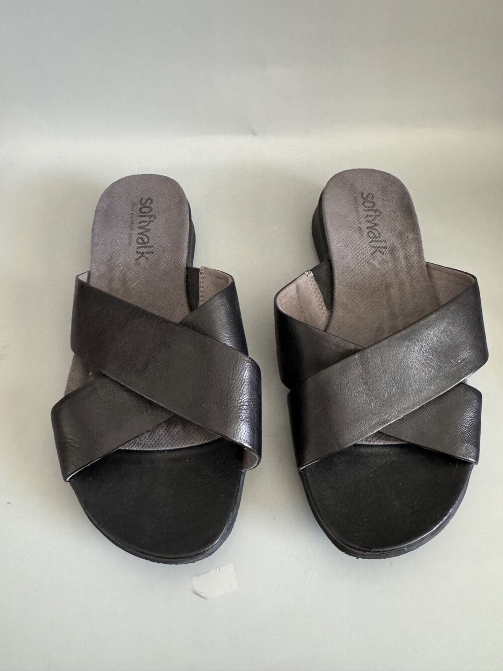 SoftWalk Sandals Womens 8.5WW Leather Slip On Cross Strap Black Slides S3
